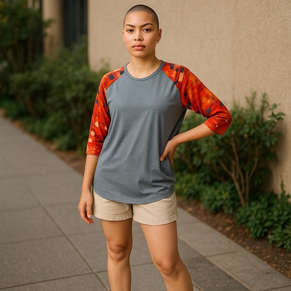 LuLaRoe Womens Top Size Large Randy Baseball Tee Orange Gray Navy Cream NEW